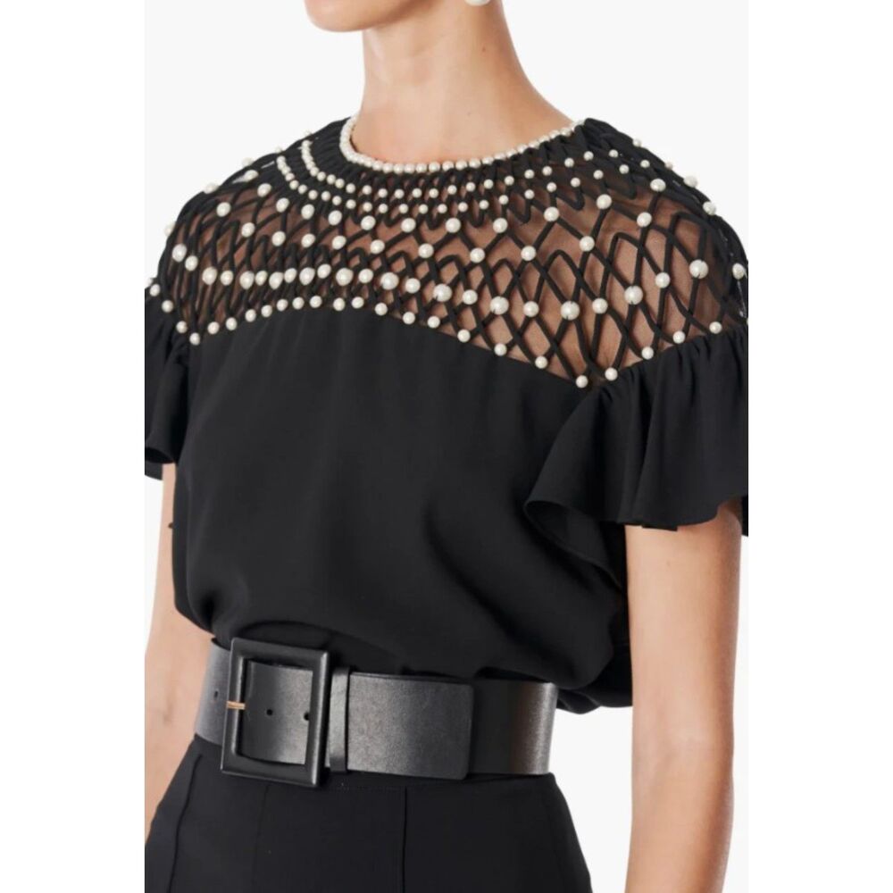 Carolina Herrera Women's Black Embroidered Yoke Pearl Top Blouse Size 16 $1690+